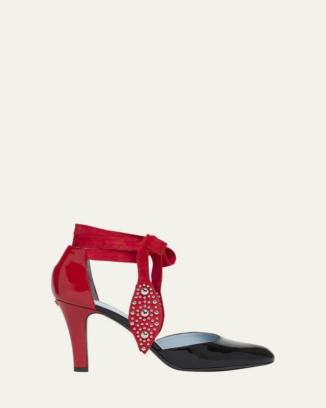 Bicolor Studded Mixed Leather Ankle-Wrap Pumps